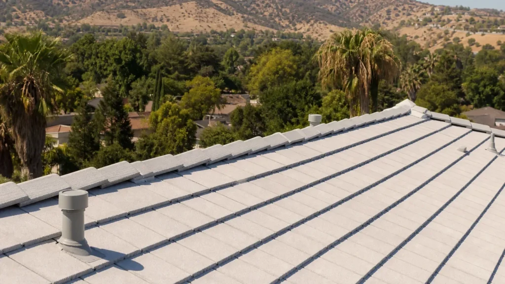 White flat roof with ventilation pipe overlooking suburban valley landscape.