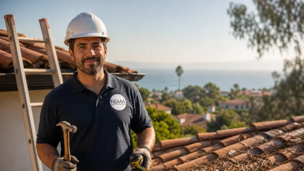 Construction worker on rooftop with ocean view, wearing safety helmet and holding hammer.