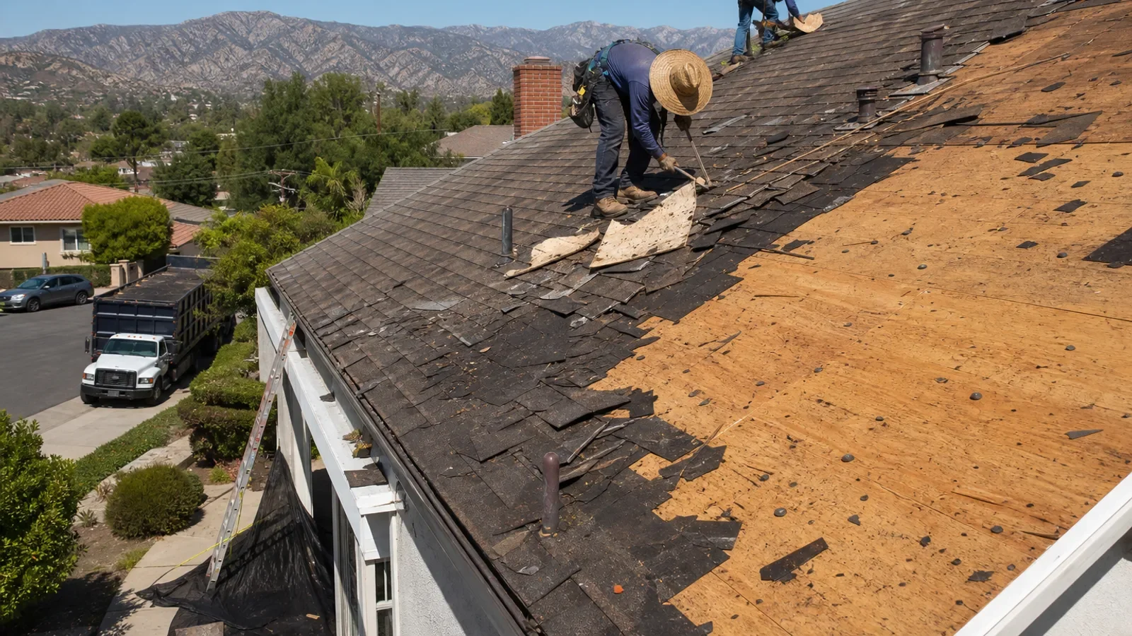 Roofer removing old shingles during residential roof replacement on sunny day with mountain backdrop.