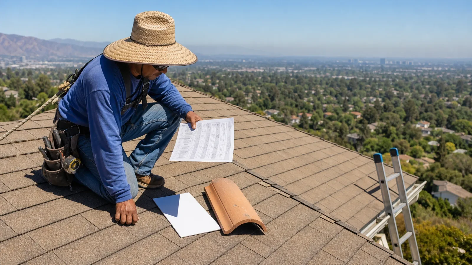 Roofer inspects asphalt shingles on residential roof with panoramic city view below.